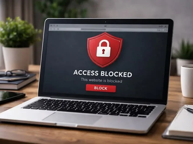 Laptop screen showing an access blocked message with a padlock shield