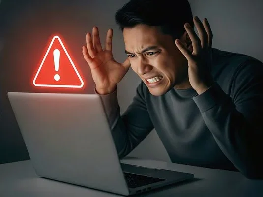 Illustration of a frustrated viewer facing a laptop warning sign