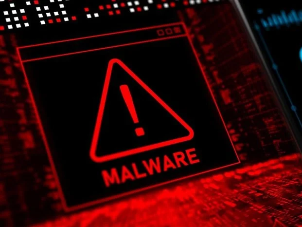 Screen showing a red malware warning sign
