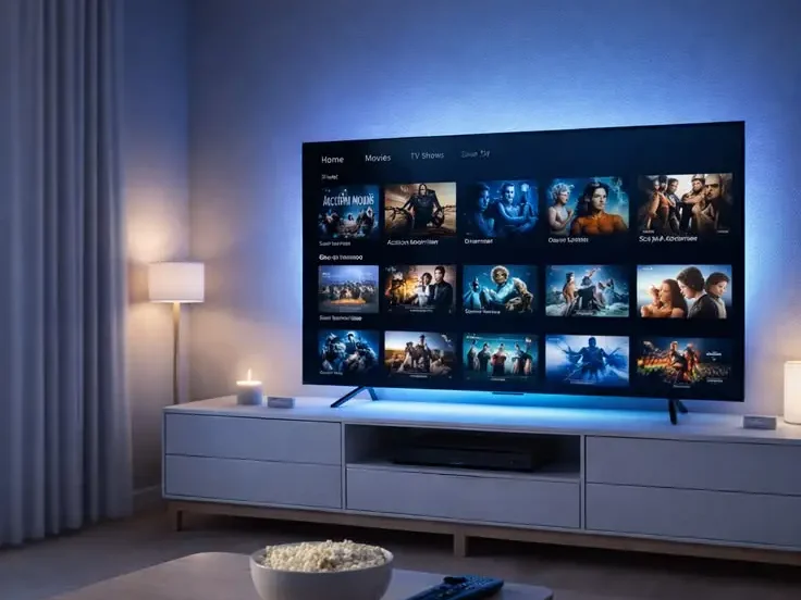 Living room TV showing a streaming home screen with rows of colorful movie posters, a bowl of popcorn and a remote on the table in front