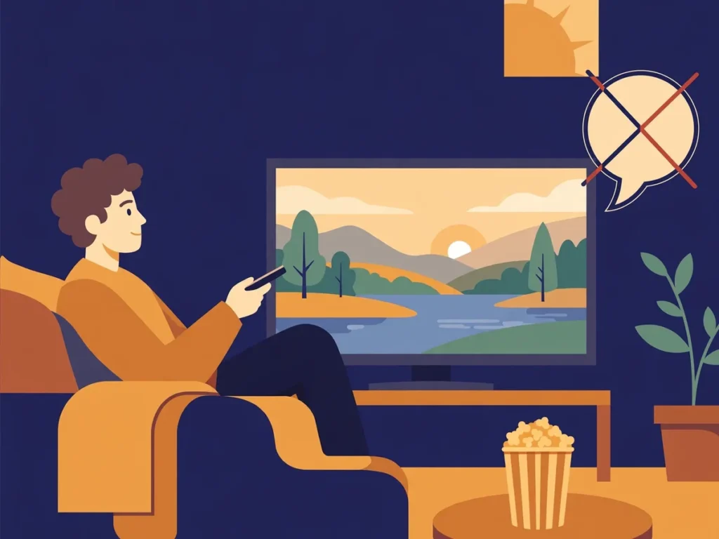 Illustration of a relaxed viewer with a remote watching a calm landscape scene on TV, popcorn beside them