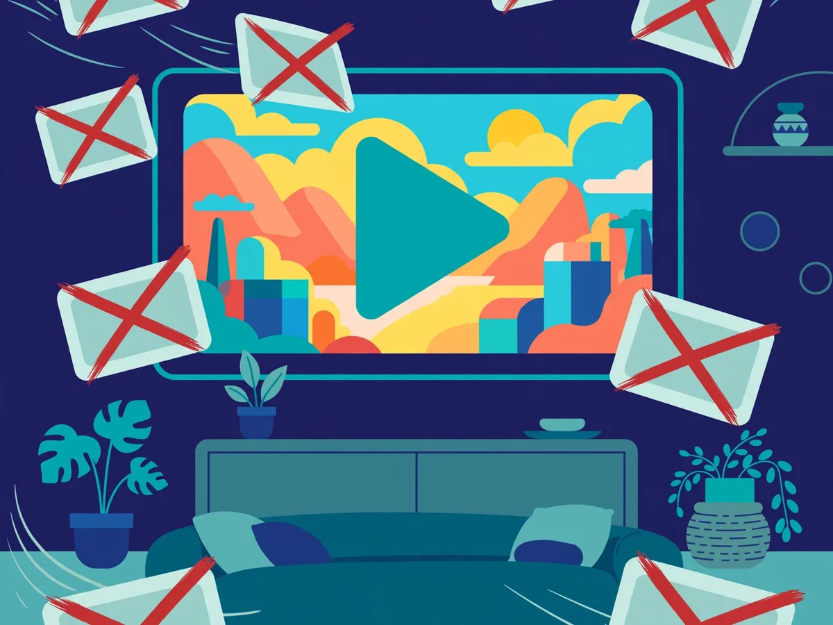 Illustration of a TV with a large play button over a colorful landscape, ad popup windows crossed out around it