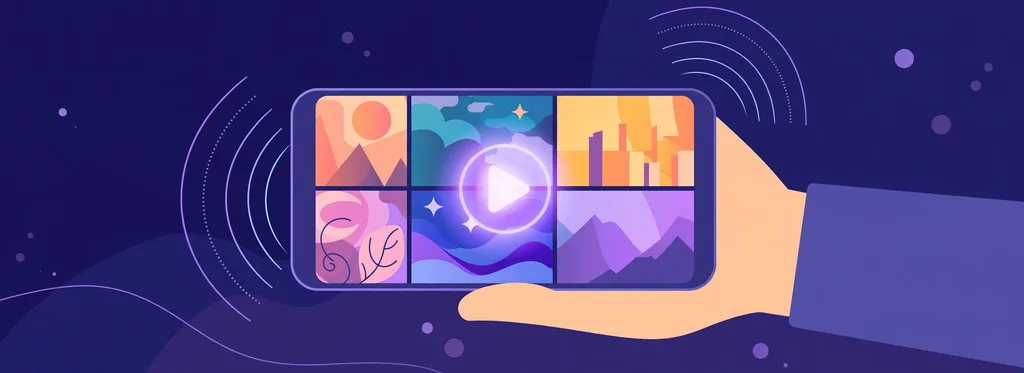 Illustration of a hand holding a smartphone sideways showing colorful artwork tiles with a glowing play button