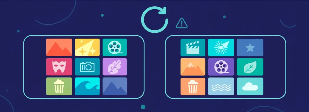 Illustration of two app-tile grids side by side with a refresh arrow and a small warning triangle above