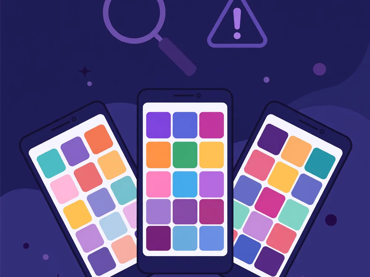 Illustration of three smartphones fanned out showing grids of colorful app tiles, a magnifying glass and warning triangle above