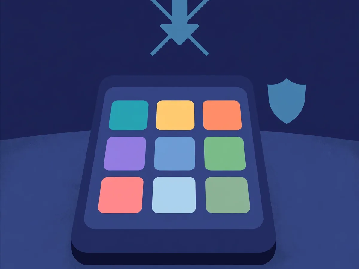 Illustration of a tablet on a table showing a grid of colorful app tiles, a crossed-out download arrow and a shield beside it