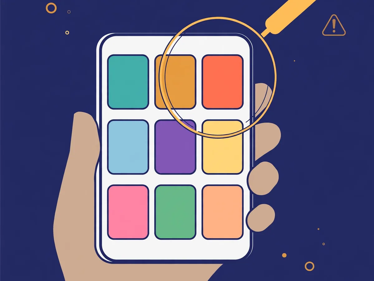 Illustration of a hand holding a phone with colorful app tiles under a magnifying glass, a small warning triangle nearby