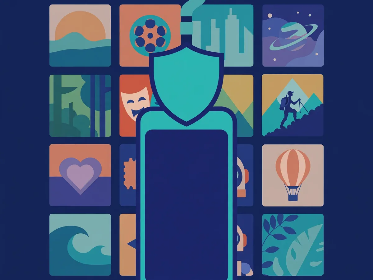 Illustration of a smartphone with a shield over a grid of colorful generic movie artwork tiles
