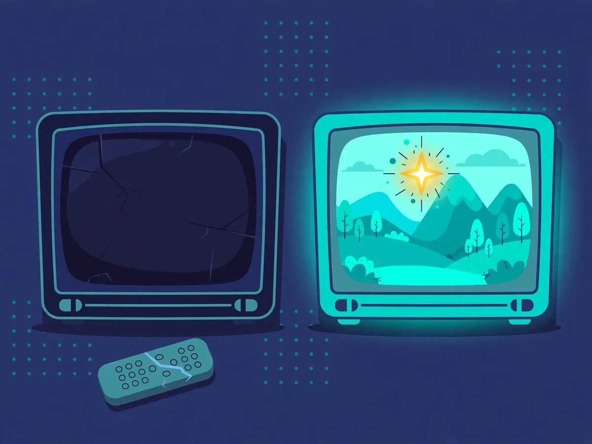 Illustration of two TVs side by side, the left dark with a remote below, the right bright showing a sunny mountain landscape with a glowing star