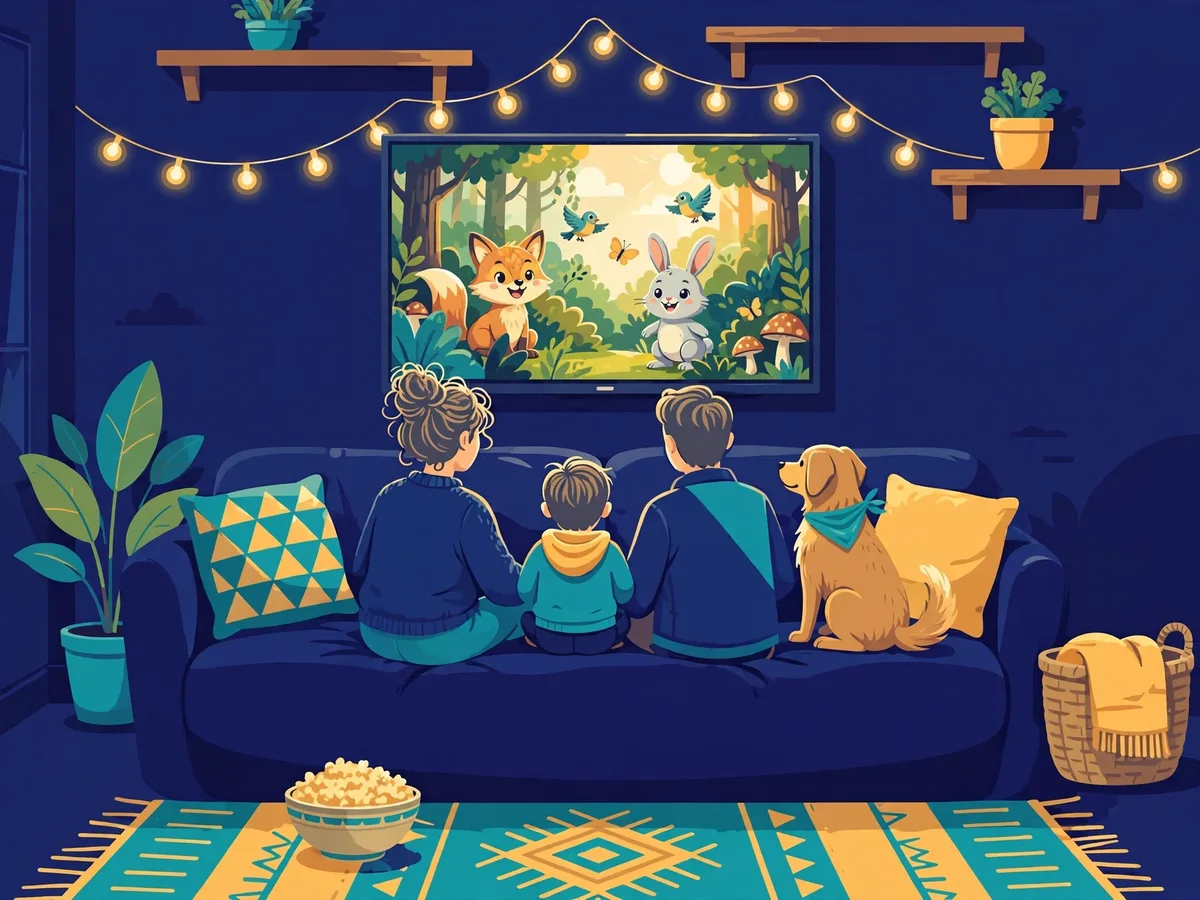 Illustration of a family and their dog on a sofa watching a TV showing a cheerful forest scene with a fox and a rabbit, string lights above