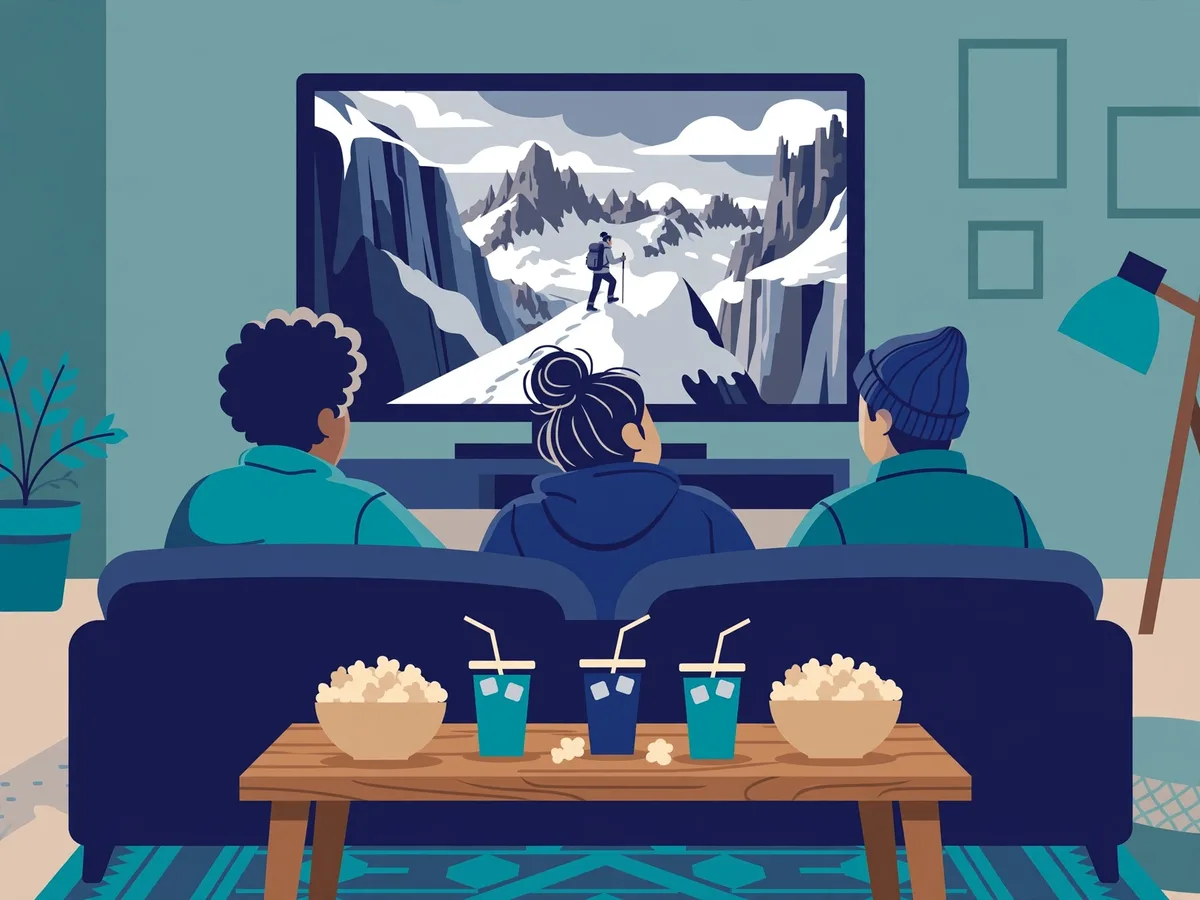 Illustration of three friends on a sofa watching a hiker cross snowy mountains on a large TV, popcorn and drinks on the table