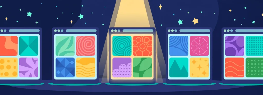 Illustration of five streaming app windows in a row under a spotlight, each showing different colorful generic artwork tiles