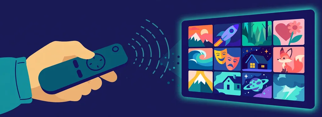 Illustration of a hand holding a streaming remote pointing at a screen with a grid of colorful generic artwork tiles