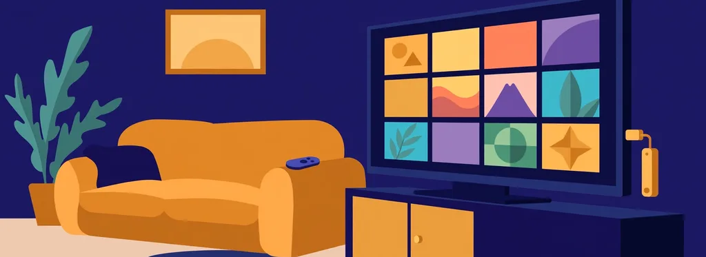 Illustration of a living room with an orange sofa and a TV showing colorful generic artwork tiles, a streaming stick plugged into the TV