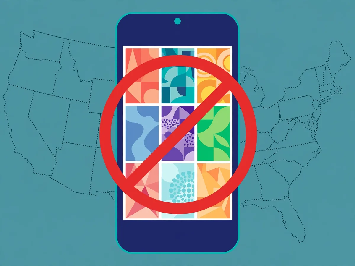 Illustration of a smartphone showing colorful generic artwork tiles with a red prohibition sign over it, a dotted outline map of the United States behind
