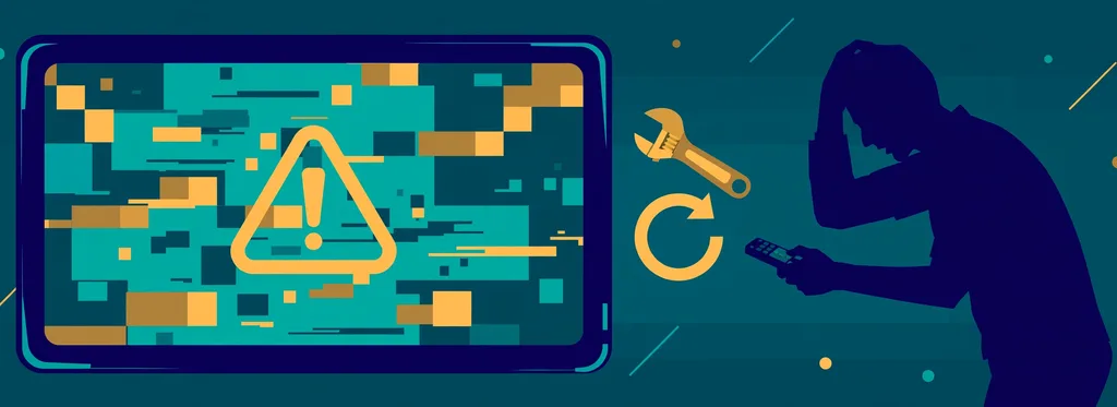 Illustration of a glitching TV screen with a warning triangle, a wrench and refresh arrow, and a frustrated viewer holding a remote