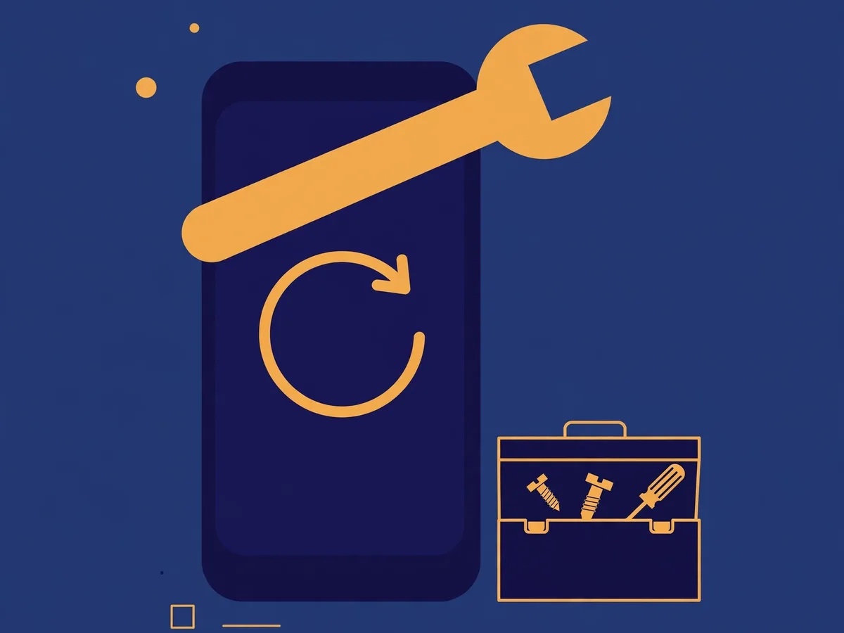 Illustration of a smartphone with a refresh arrow and a large wrench, a toolbox beside it