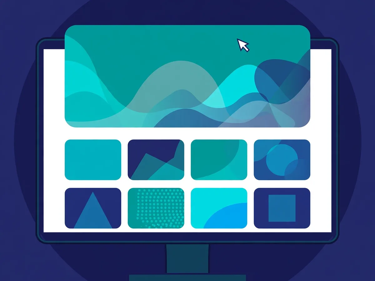 Illustration of a computer monitor showing a streaming website with a large teal banner and a grid of abstract artwork tiles