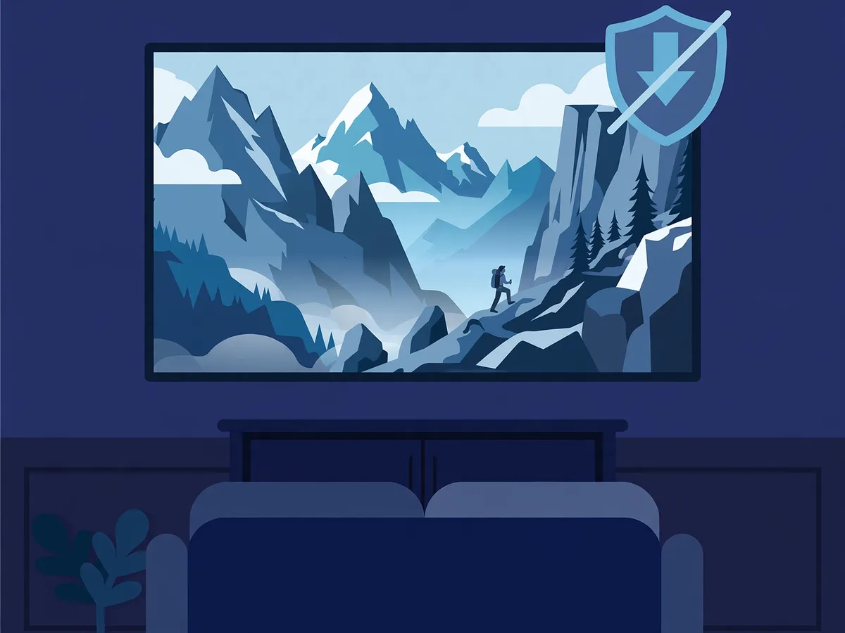 Illustration of a TV showing a hiker crossing snowy mountains, with a crossed-out download shield icon in the corner