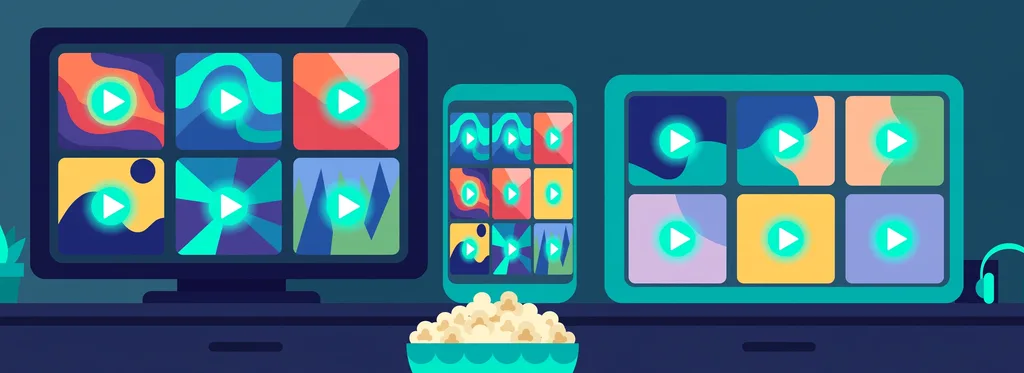 Illustration of a TV, smartphone and tablet on a media console, each showing colorful generic movie artwork tiles with play buttons, a bowl of popcorn in front