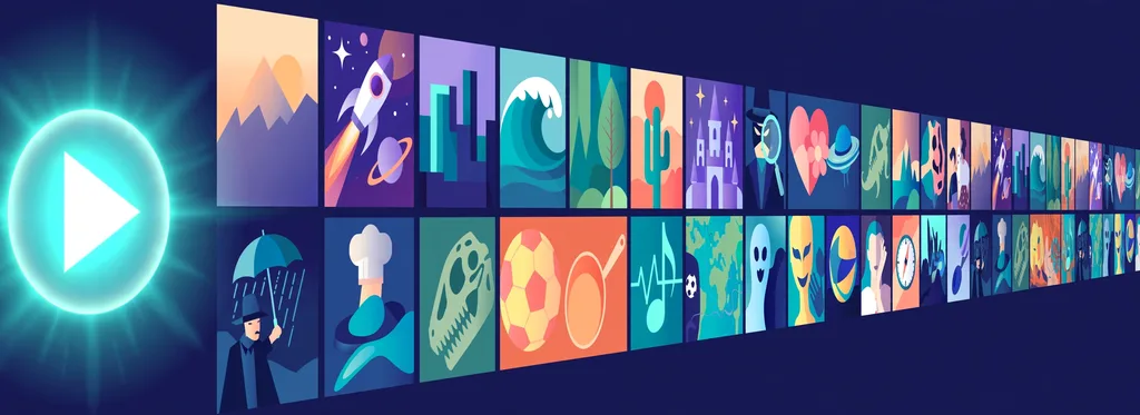 Illustration of a glowing play button beside two long rows of colorful generic movie artwork tiles stretching into the distance