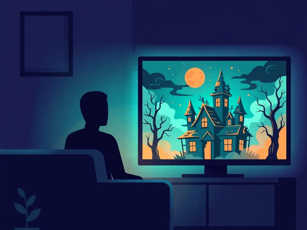 Illustration of a viewer watching a haunted house under a full moon on a TV in a dark room
