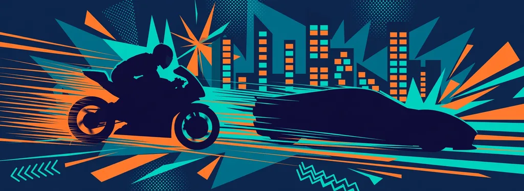 Illustration of a motorcycle rider and a sports car racing through a neon city at night with speed lines