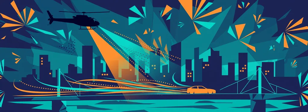 Illustration of a helicopter with a searchlight over a city skyline at night, a car with light trails crossing a bridge