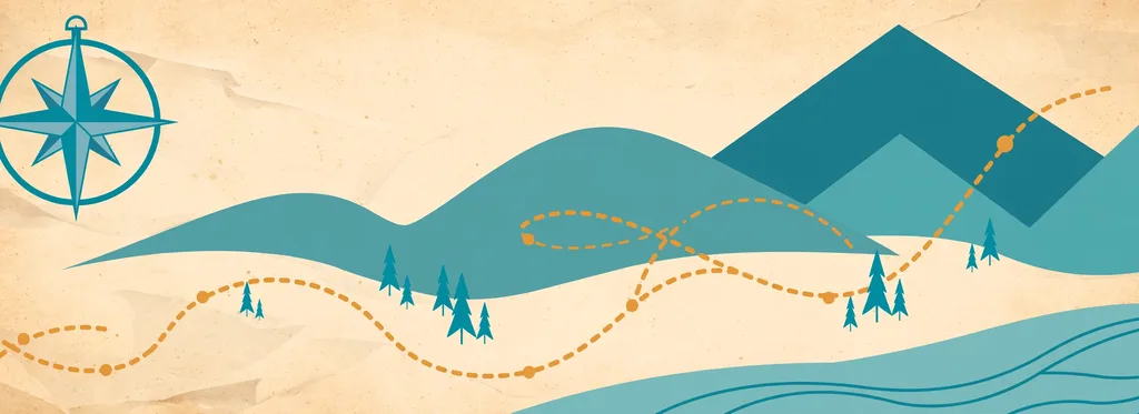 Illustration of a treasure-map style landscape with mountains, pine trees, a compass rose and a dotted route