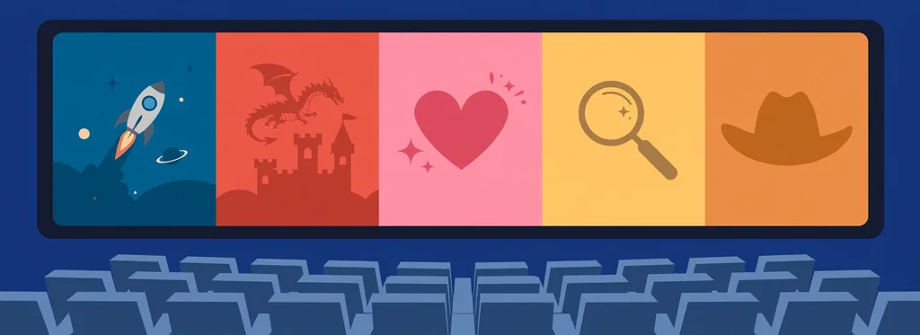 Illustration of a cinema screen with five genre panels, a rocket, a dragon over a castle, a heart, a magnifying glass and a cowboy hat, above rows of seats