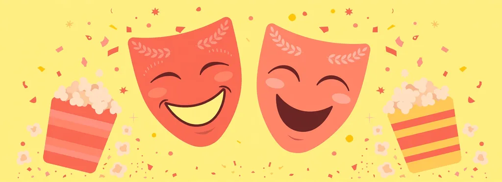 Illustration of two laughing theatre masks with popcorn buckets and confetti on a yellow background