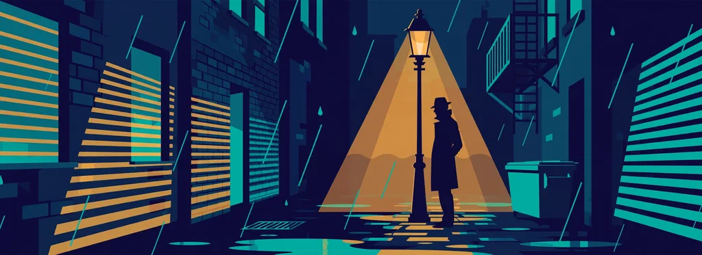 Illustration of a detective silhouette in a trench coat standing under a street lamp in a rainy alley at night