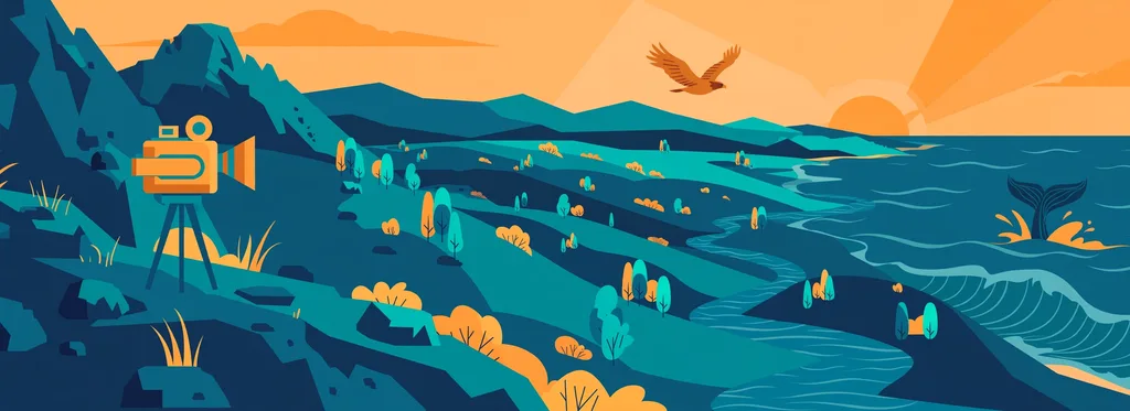 Illustration of a film camera on a tripod overlooking a valley and coastline at sunset, with an eagle and a whale tail