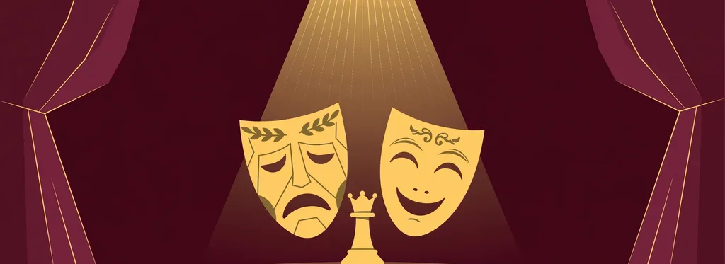 Illustration of tragedy and comedy theatre masks under a spotlight with a small chess queen piece