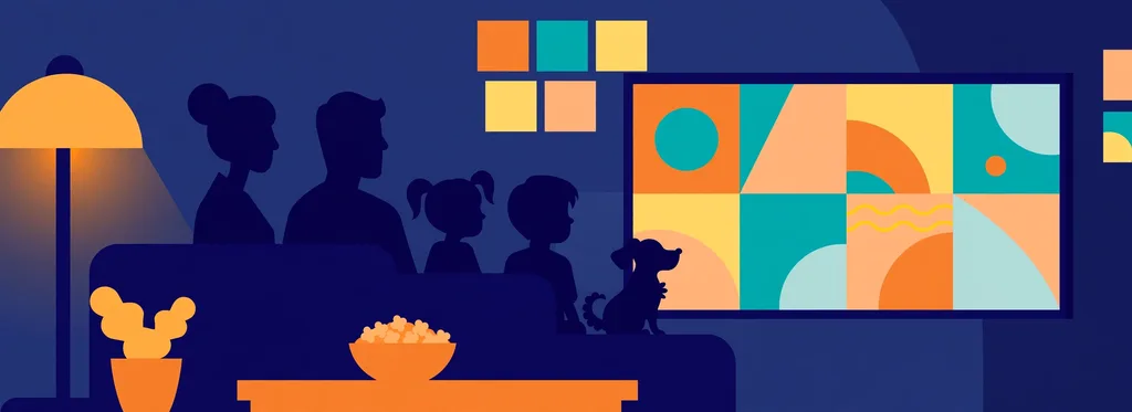 Illustration of a family and their dog on a sofa watching a TV with colorful abstract artwork tiles, a bowl of popcorn on the table