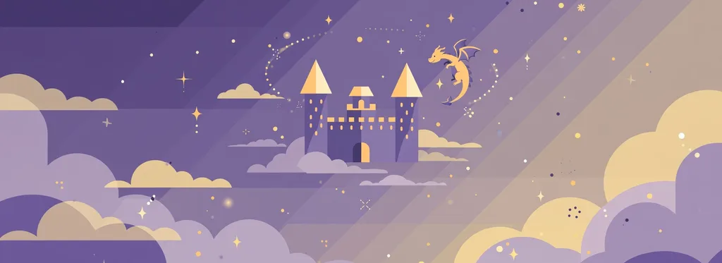 Illustration of a castle floating among clouds with a small golden dragon and sparkles
