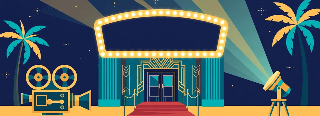 Illustration of a vintage cinema with a blank bulb-lit marquee, a red carpet, palm trees, a film camera and a searchlight
