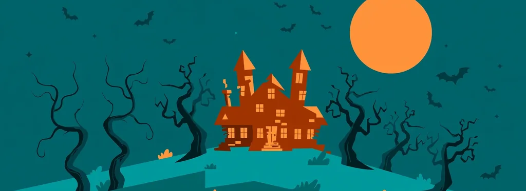 Illustration of a haunted house on a hill under a full moon, with twisted trees and bats