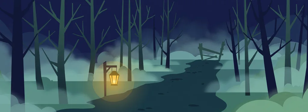 Illustration of a foggy forest path at night lit by a single lantern