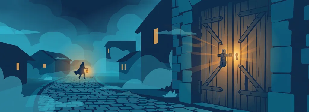 Illustration of a large locked wooden door with light glowing through its keyhole, a figure with a lantern on a foggy cobblestone street