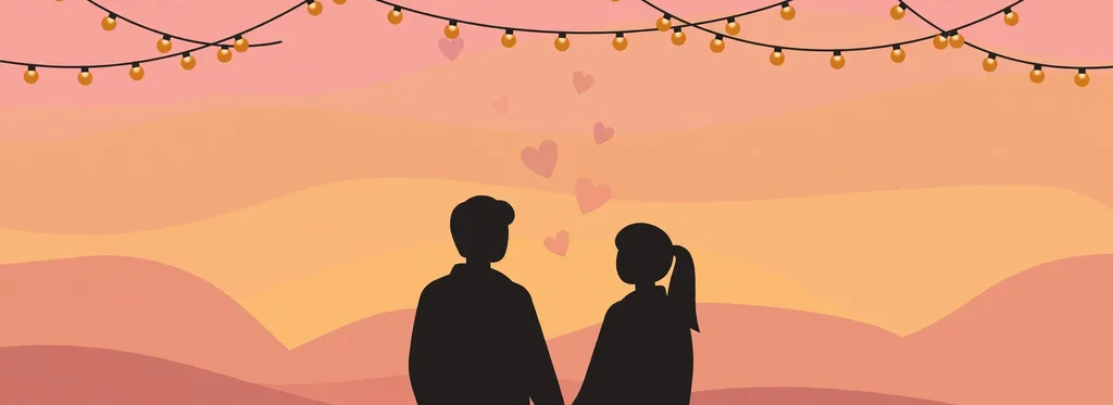 Illustration of a couple's silhouettes under string lights at sunset with small hearts