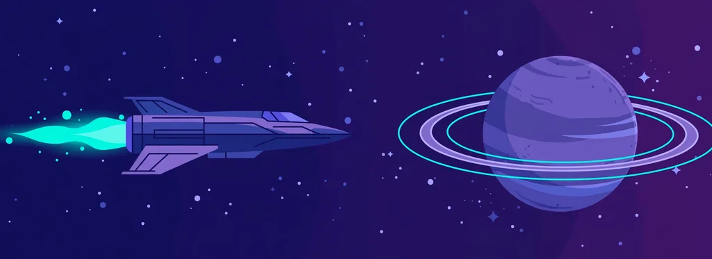 Illustration of a spaceship flying toward a ringed planet in a starry sky
