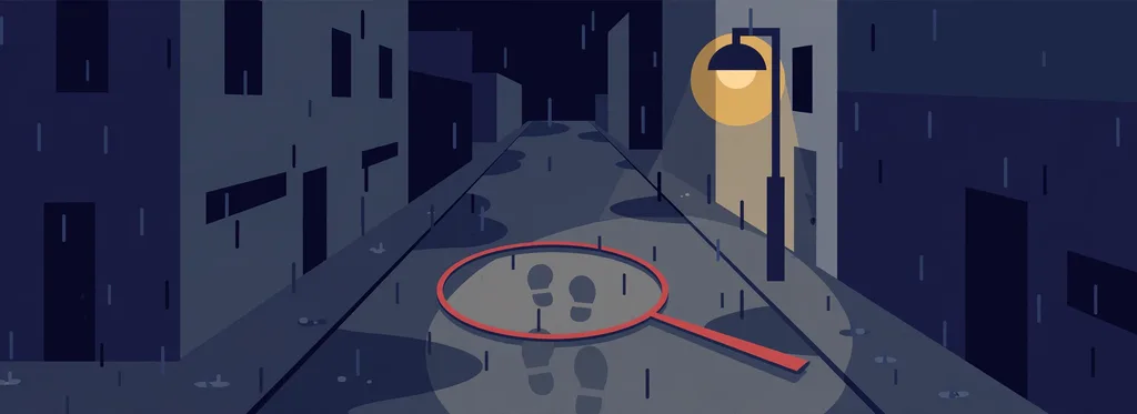 Illustration of a rainy city alley at night with a magnifying glass over footprints under a street lamp