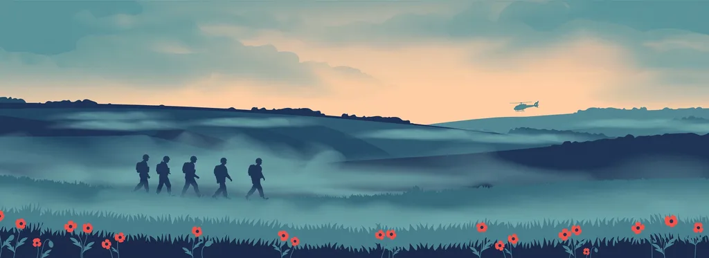 Illustration of soldiers walking through a misty field at dawn with red poppies in the grass and a distant helicopter