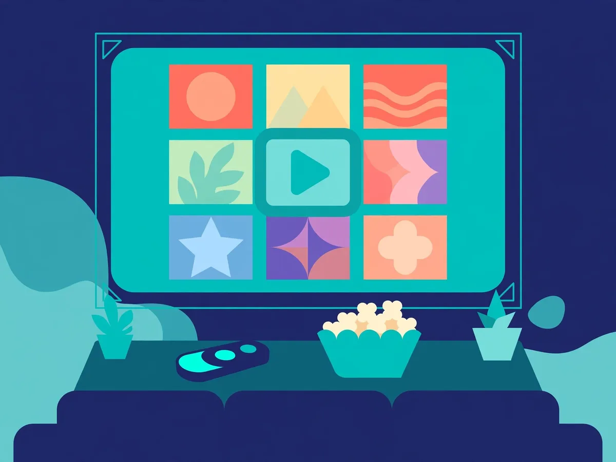 Illustration of a TV showing a grid of colorful generic series artwork tiles with a play button, a remote and a bowl of popcorn on the table