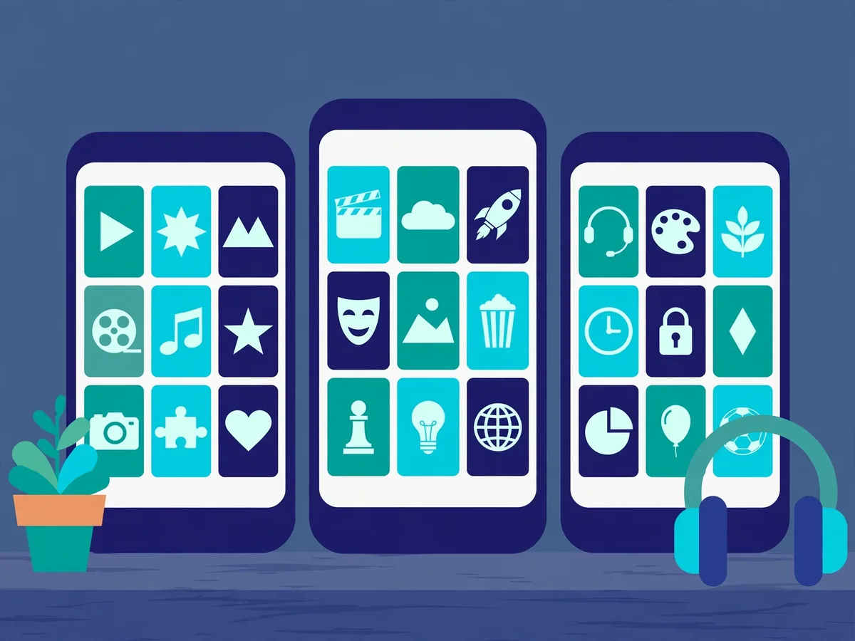 Illustration of three smartphones on a desk showing grids of colorful generic app and movie artwork tiles, headphones beside them