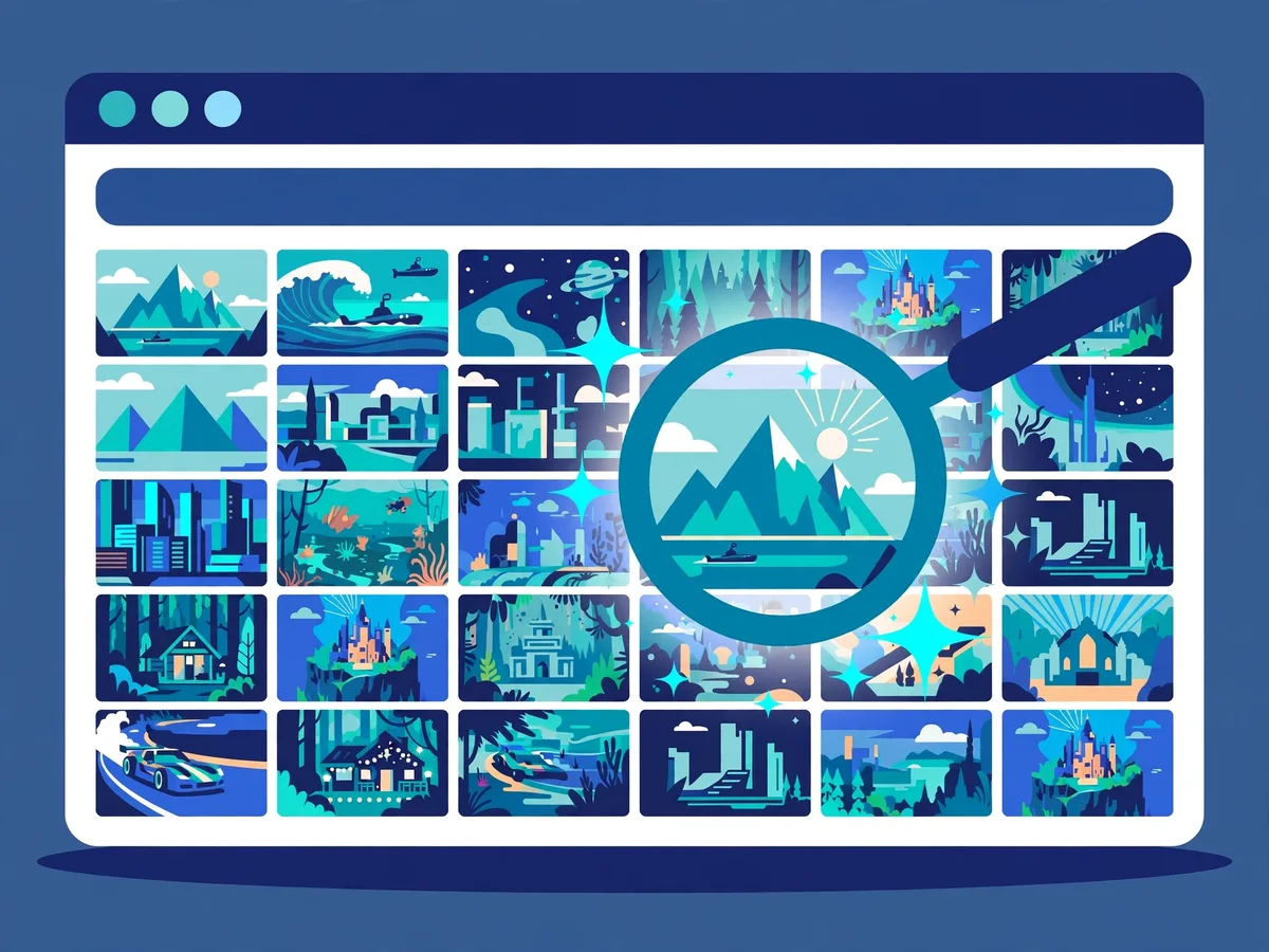 Illustration of a browser window filled with a dense grid of colorful generic movie artwork tiles, a magnifying glass over one bright tile