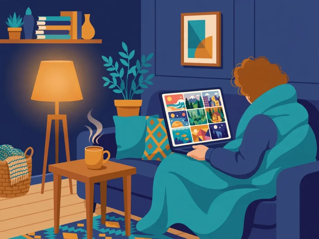 Illustration of a viewer wrapped in a blanket on a sofa using a laptop showing colorful generic movie artwork tiles, a warm lamp and mug beside them