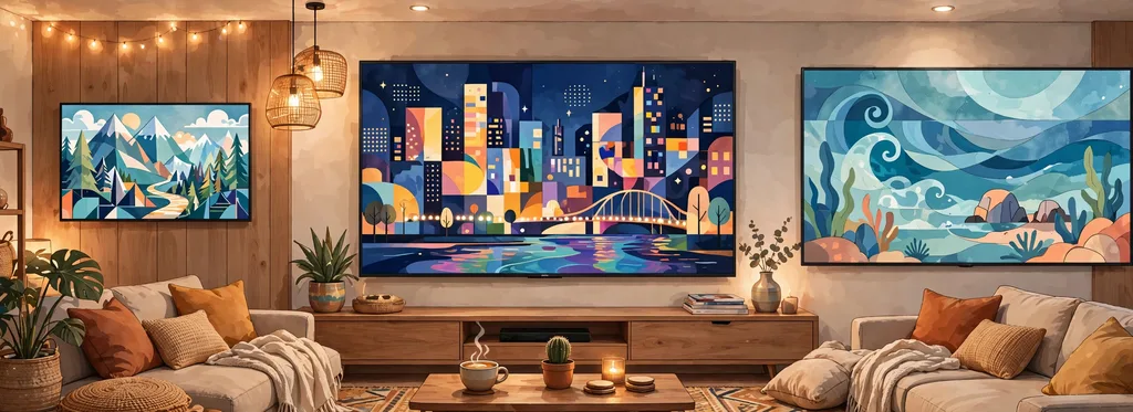 Illustration of a media room with three screens showing colorful generic movie and series artwork