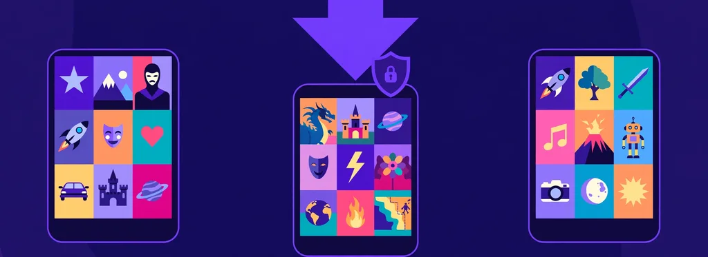 Illustration of three tablets showing grids of colorful generic artwork tiles, a download arrow and lock shield above the middle one